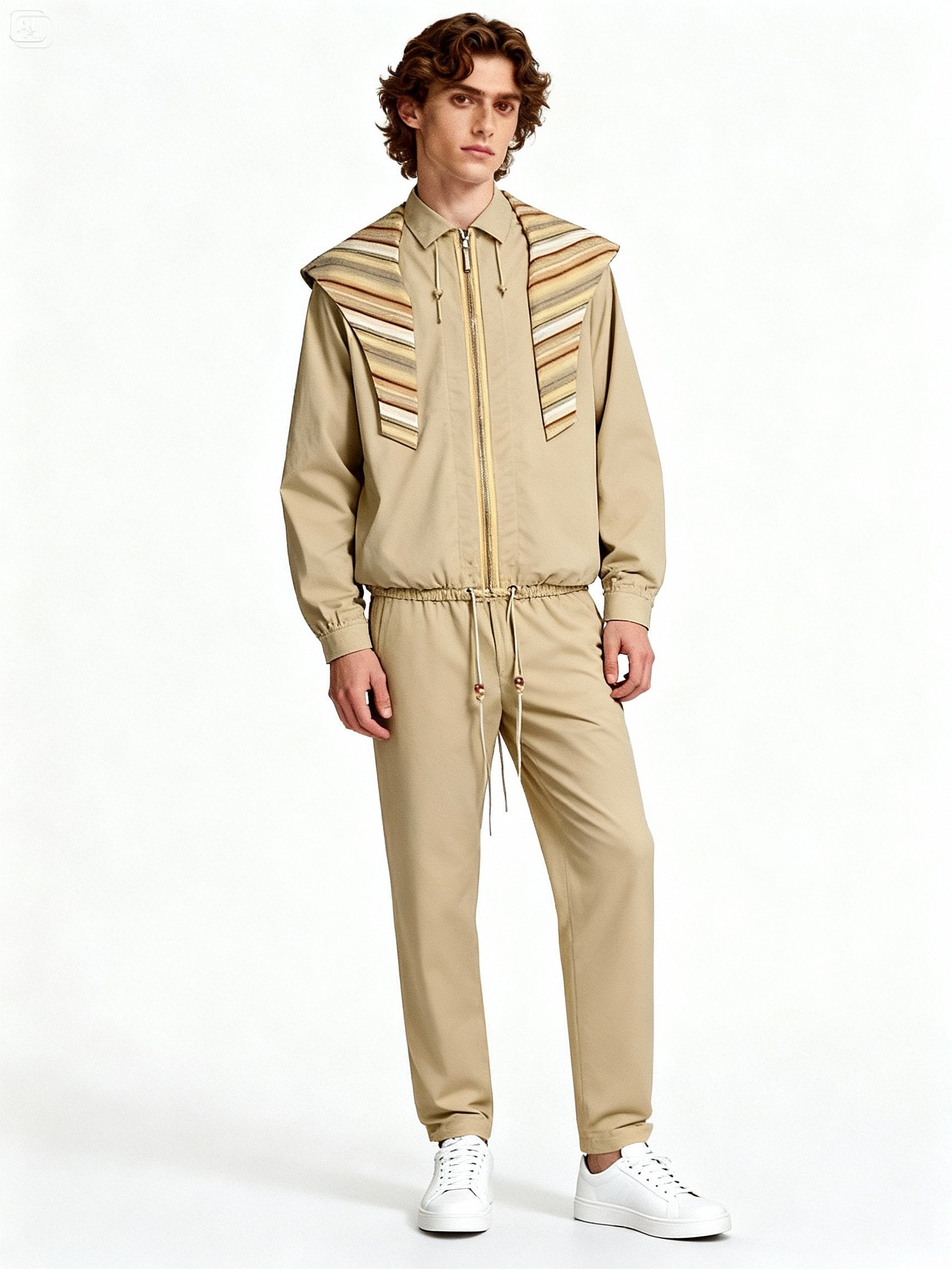 Mannequin homme portant la veste oversize beige à col cape