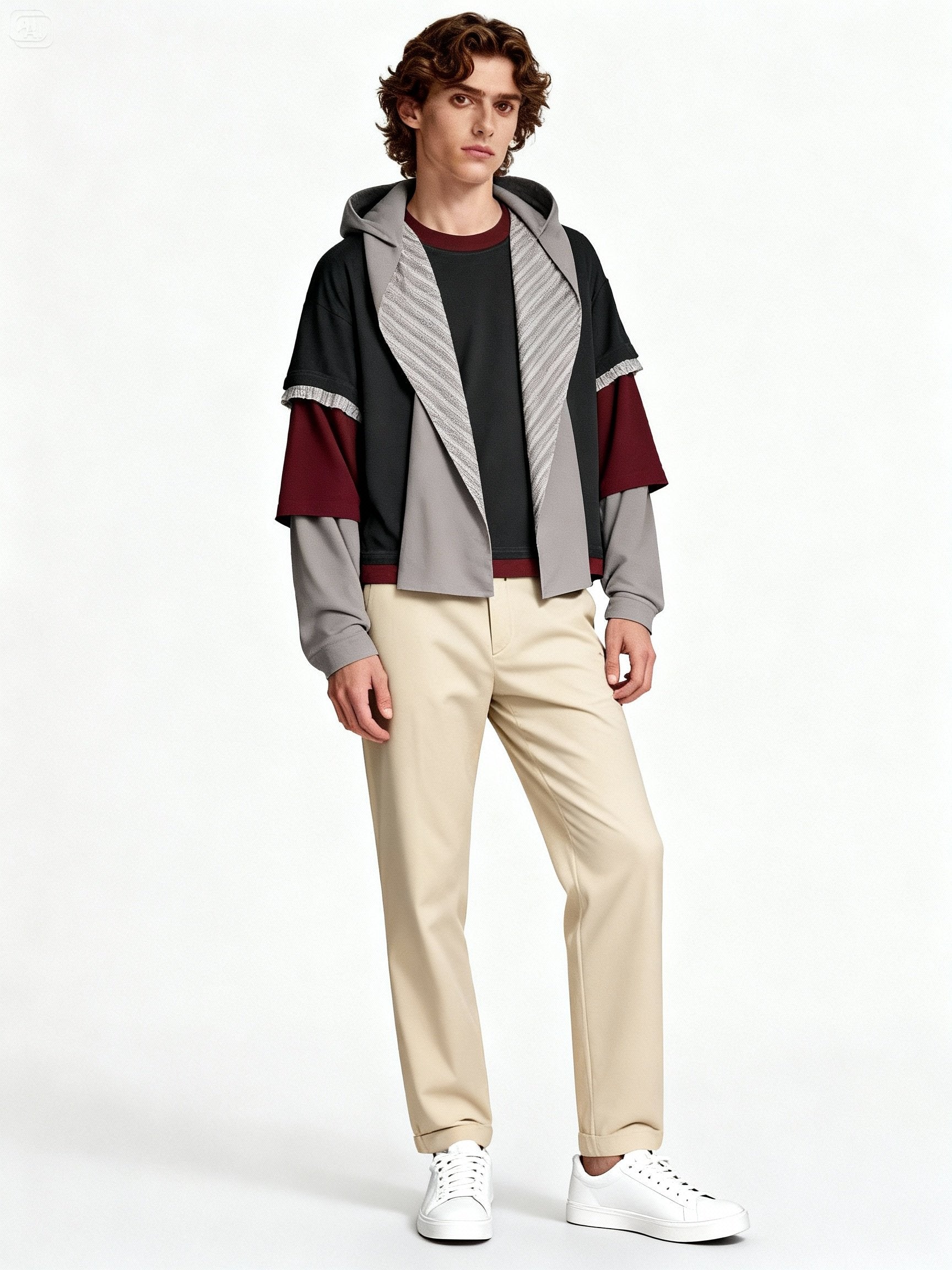 Look complet avec veste patchwork à capuche effet layering sur modèle homme