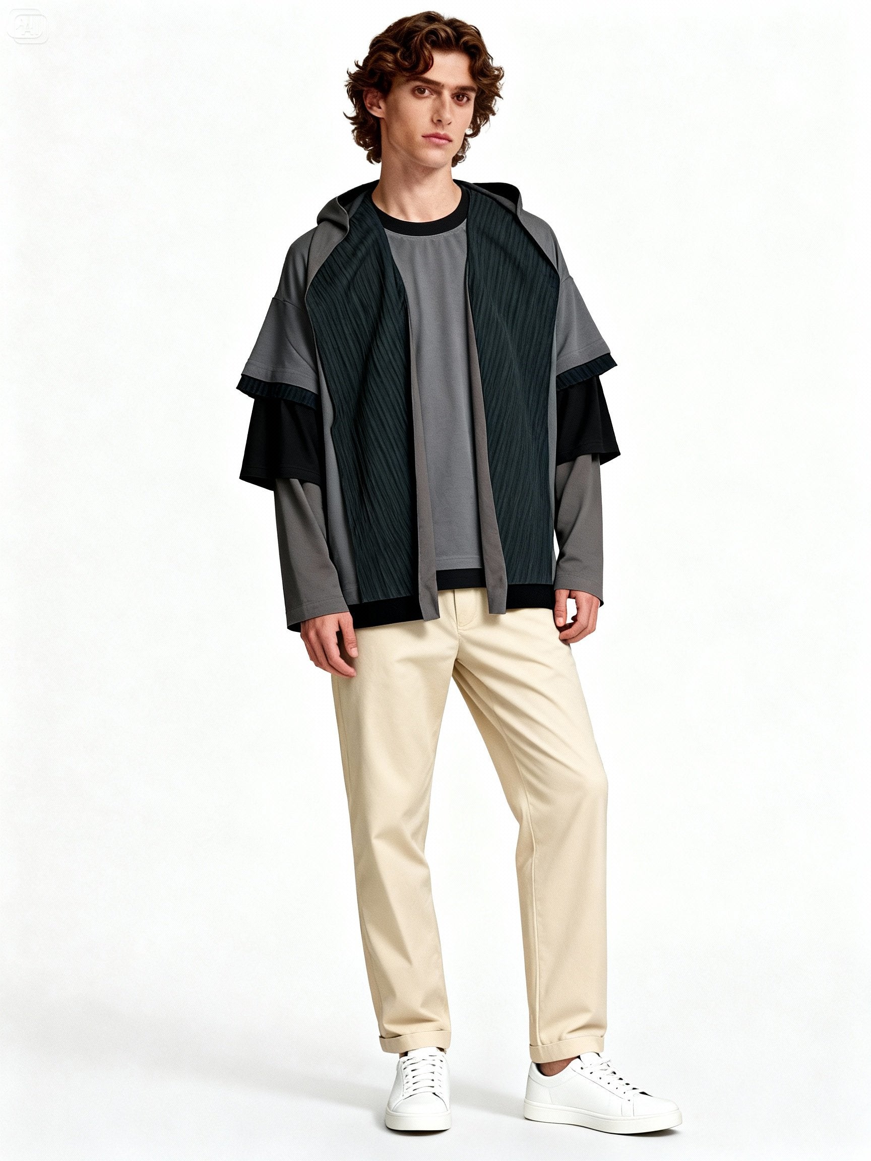 Modèle portant une veste oversize patchwork à capuche style streetwear