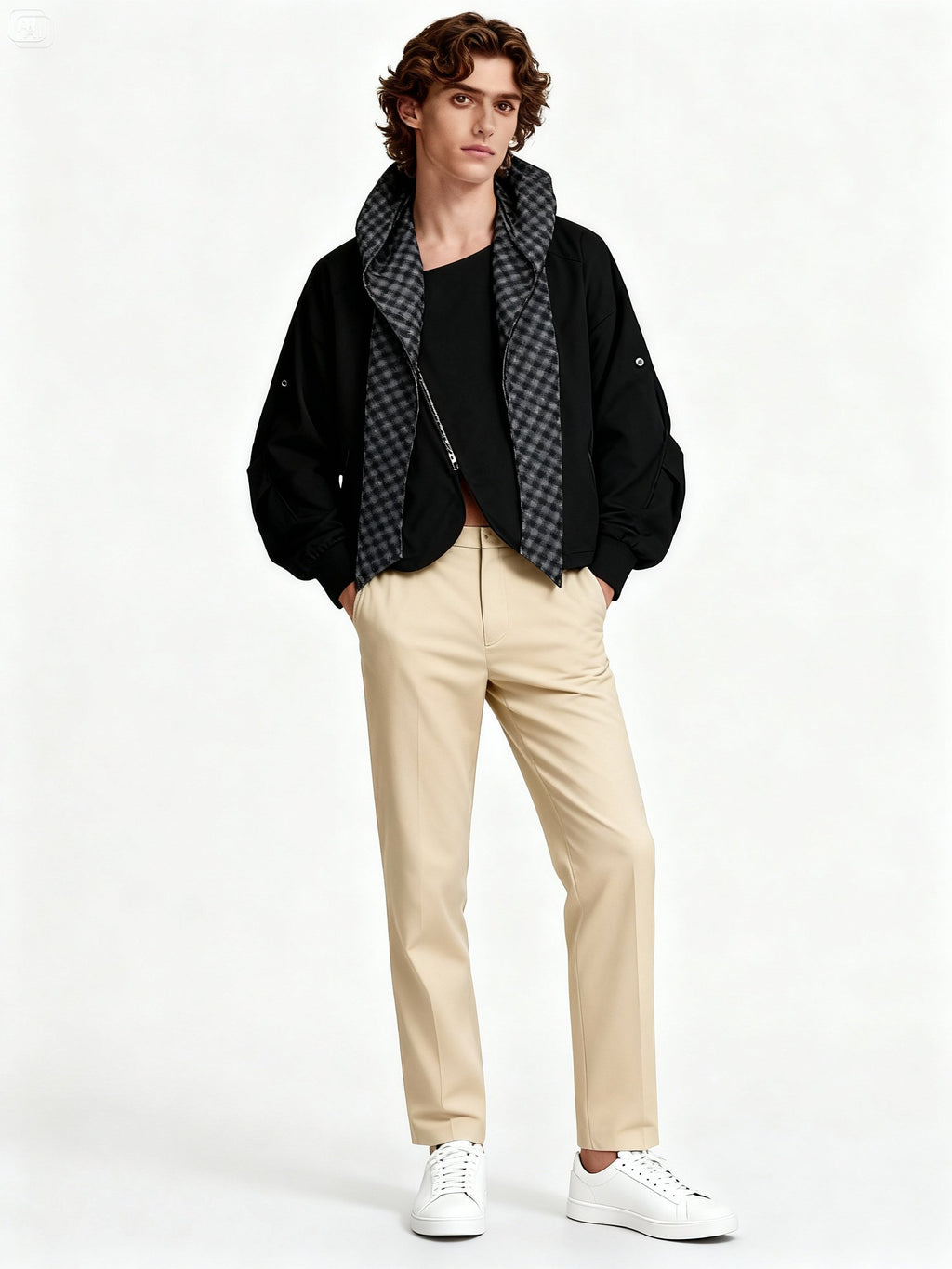 Mannequin homme portant la veste oversize noire à capuche-écharpe