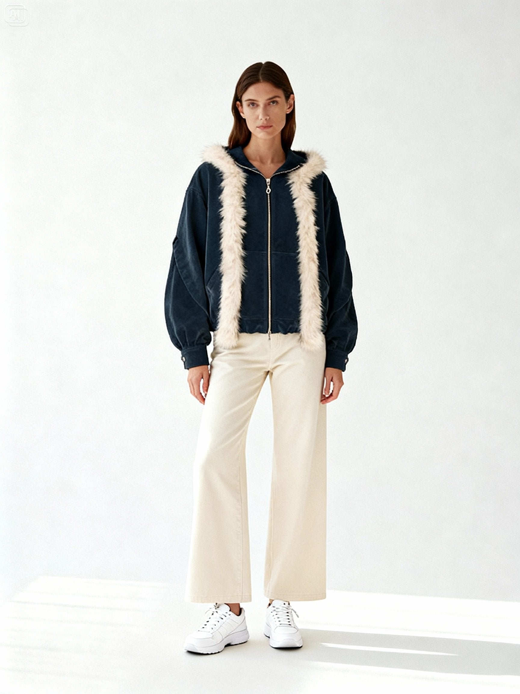 Mannequin femme portant une veste bleu nuit oversize avec détails en fausse fourrure