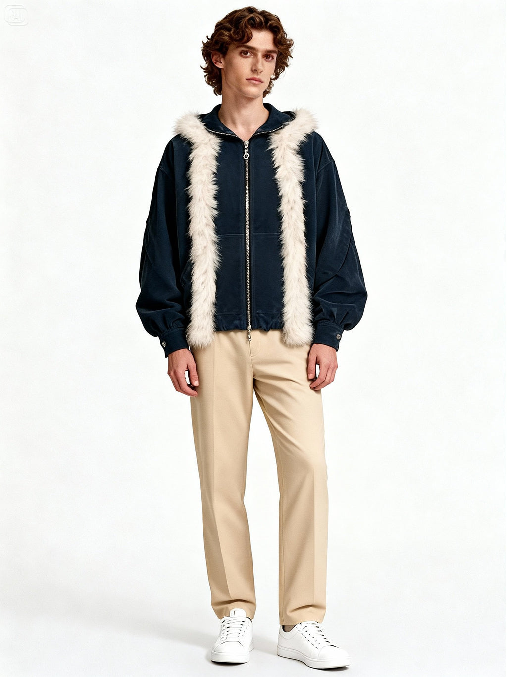 Mannequin homme portant une veste oversize bleu nuit avec fausse fourrure contrastée