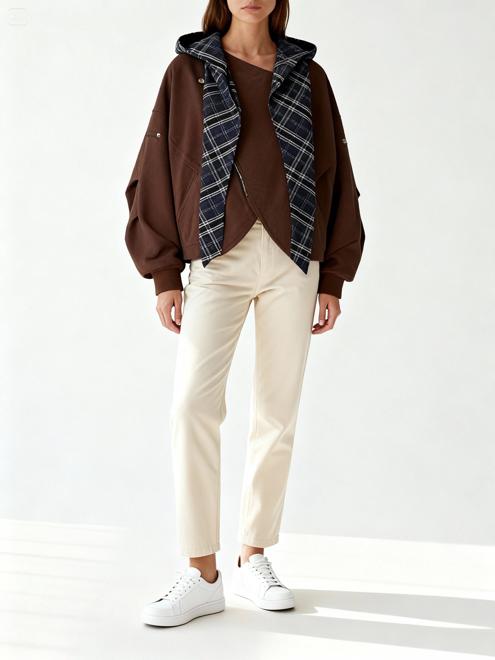 Mannequin femme en tenue streetwear avec veste oversize caramel à capuche-écharpe