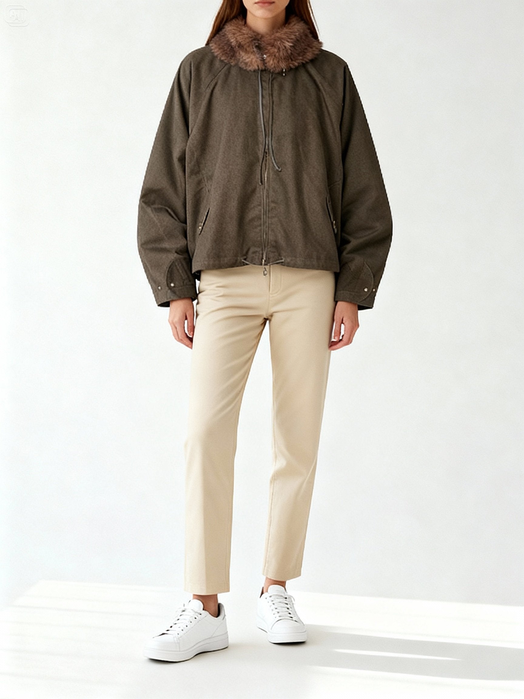 Mannequin Femme portant un haut vert militaire oversize avec col en fausse fourrure