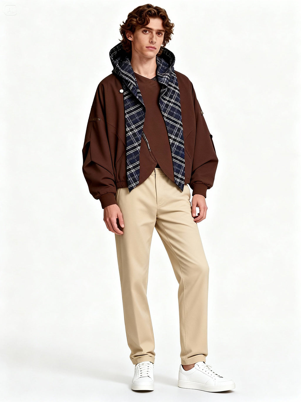 Mannequin homme portant la veste oversize caramel avec capuche-écharpe