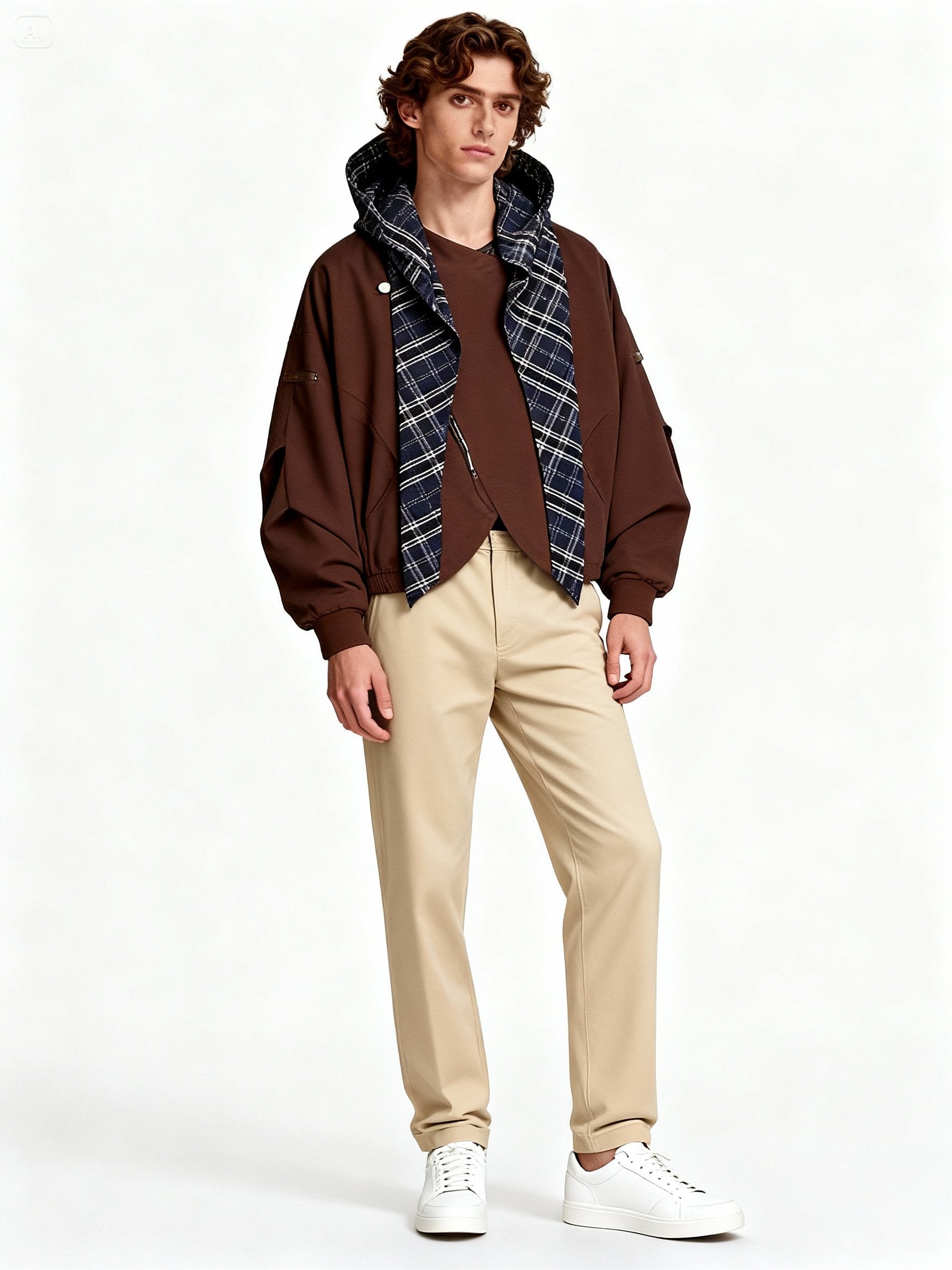 Mannequin homme portant la veste oversize caramel avec capuche-écharpe