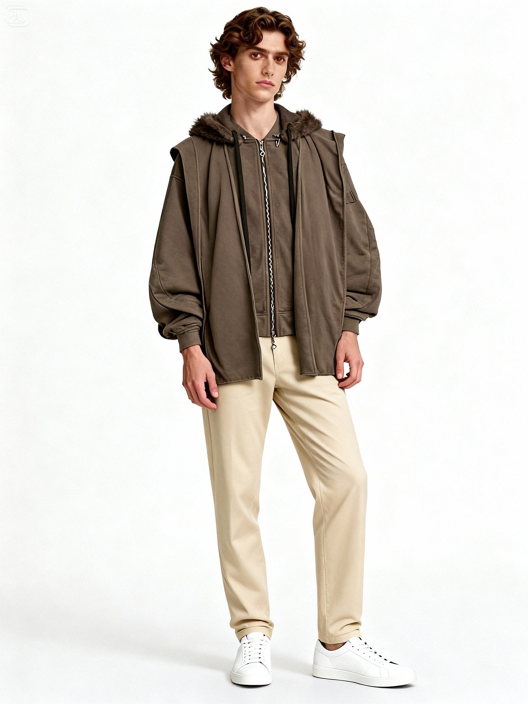 Mannequin homme portant une veste oversize brune avec écharpe intégrée