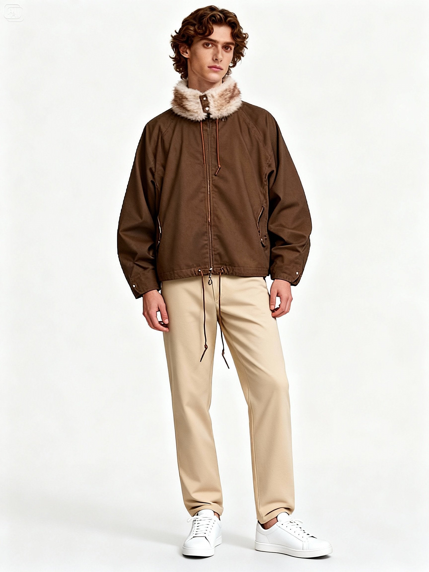 Mannequin homme portant un haut brun unisexe à col fourrure et cordons