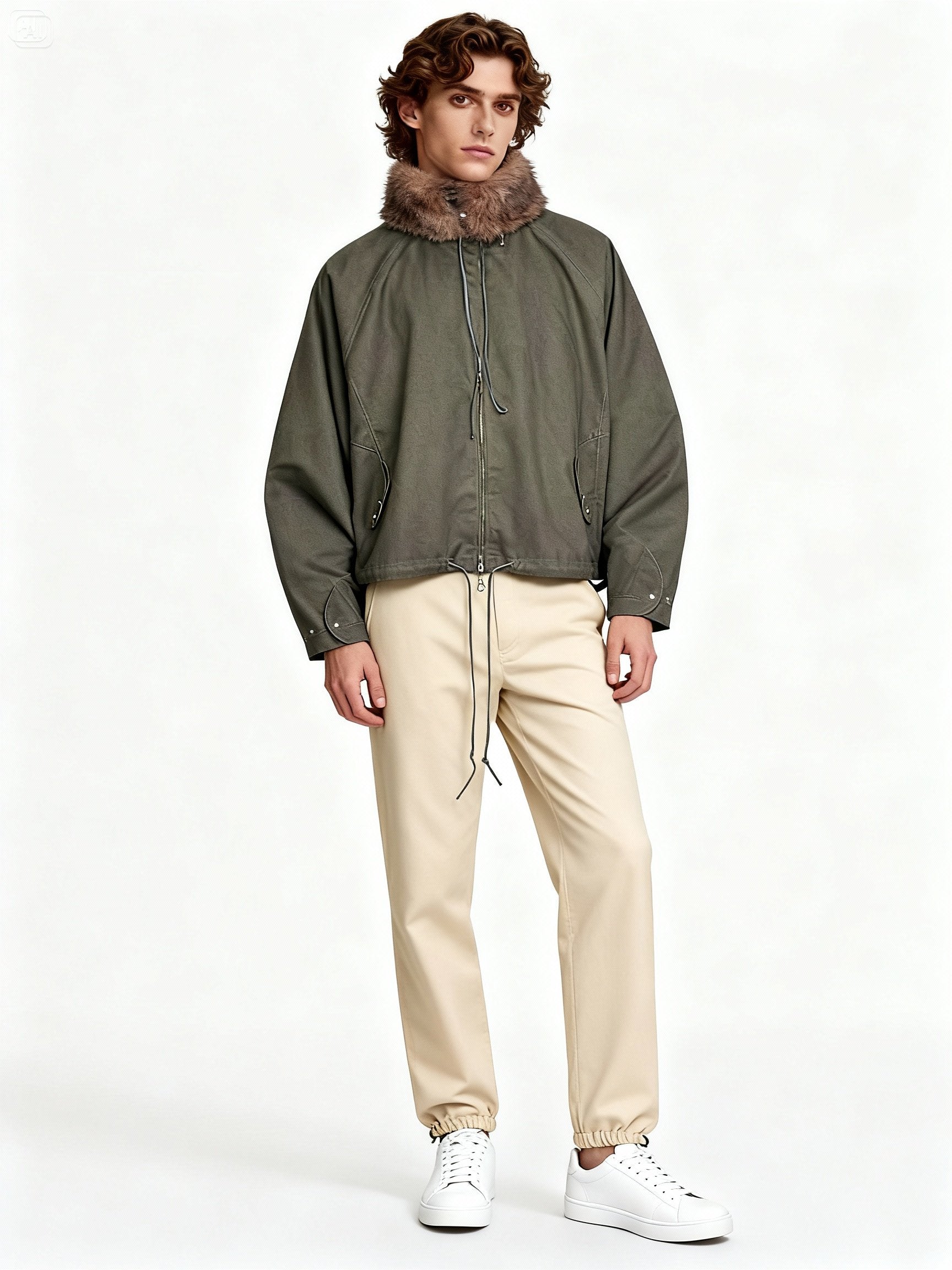 Mannequin Homme  portant un haut vert militaire oversize avec col en fausse fourrure