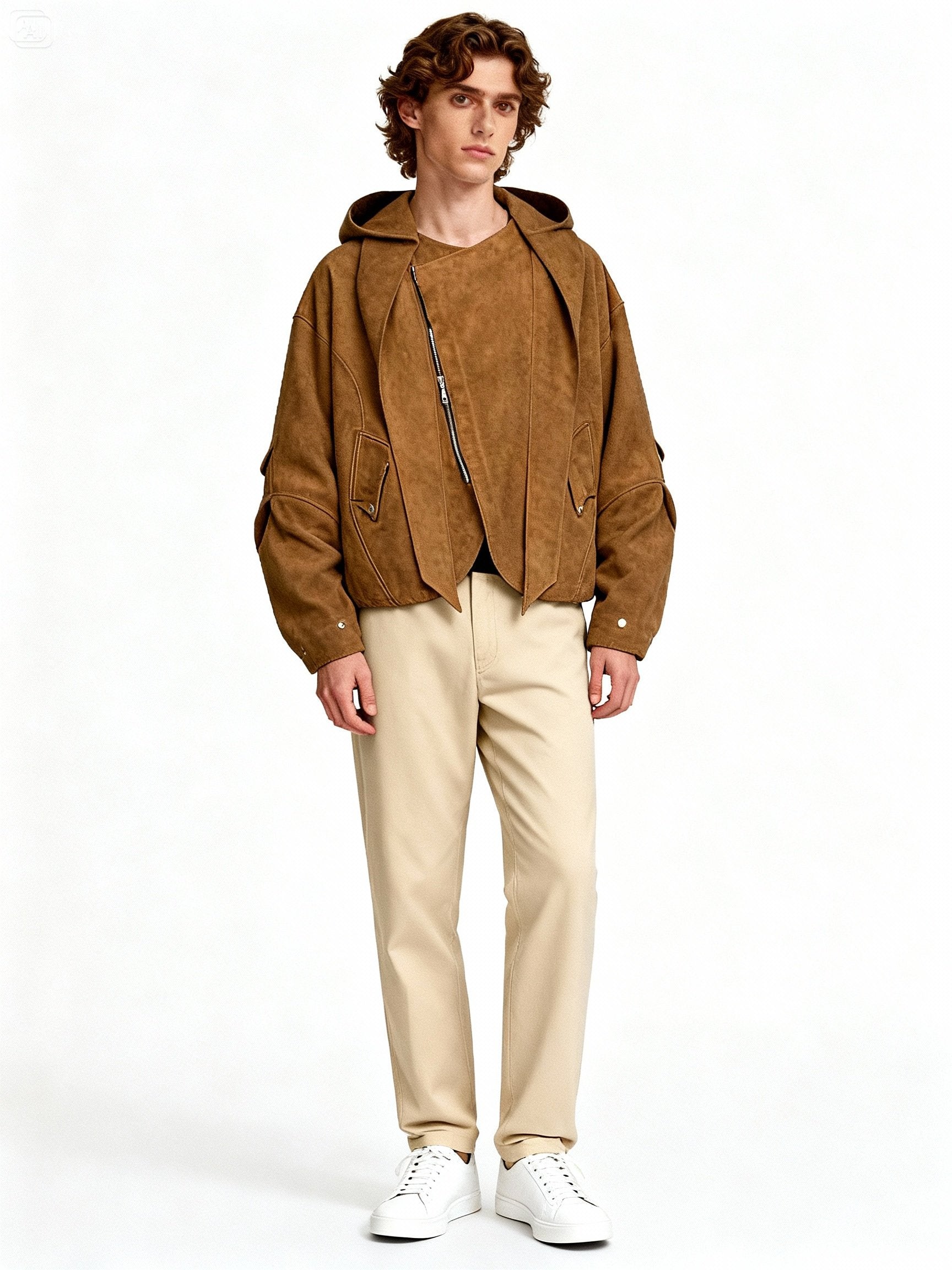 Modèle homme portant une veste oversize caramel avec capuche, look urbain