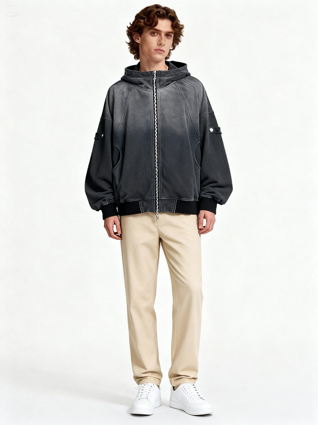 Mannequin homme portant une veste oversize grise unisexe avec capuche