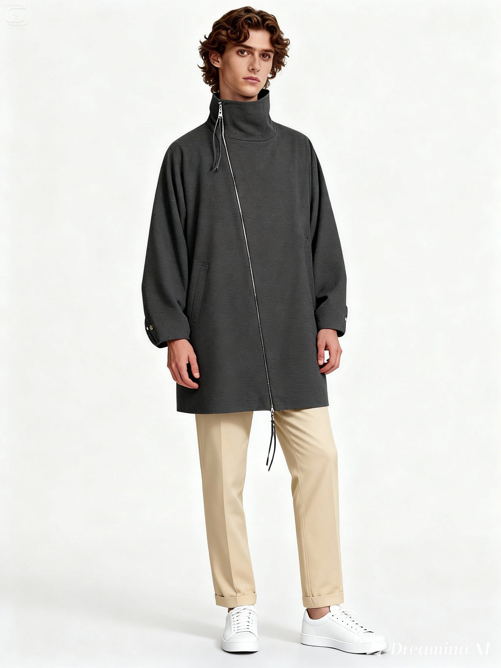 Manteau oversize gris anthracite porté par un homme – look urbain minimaliste