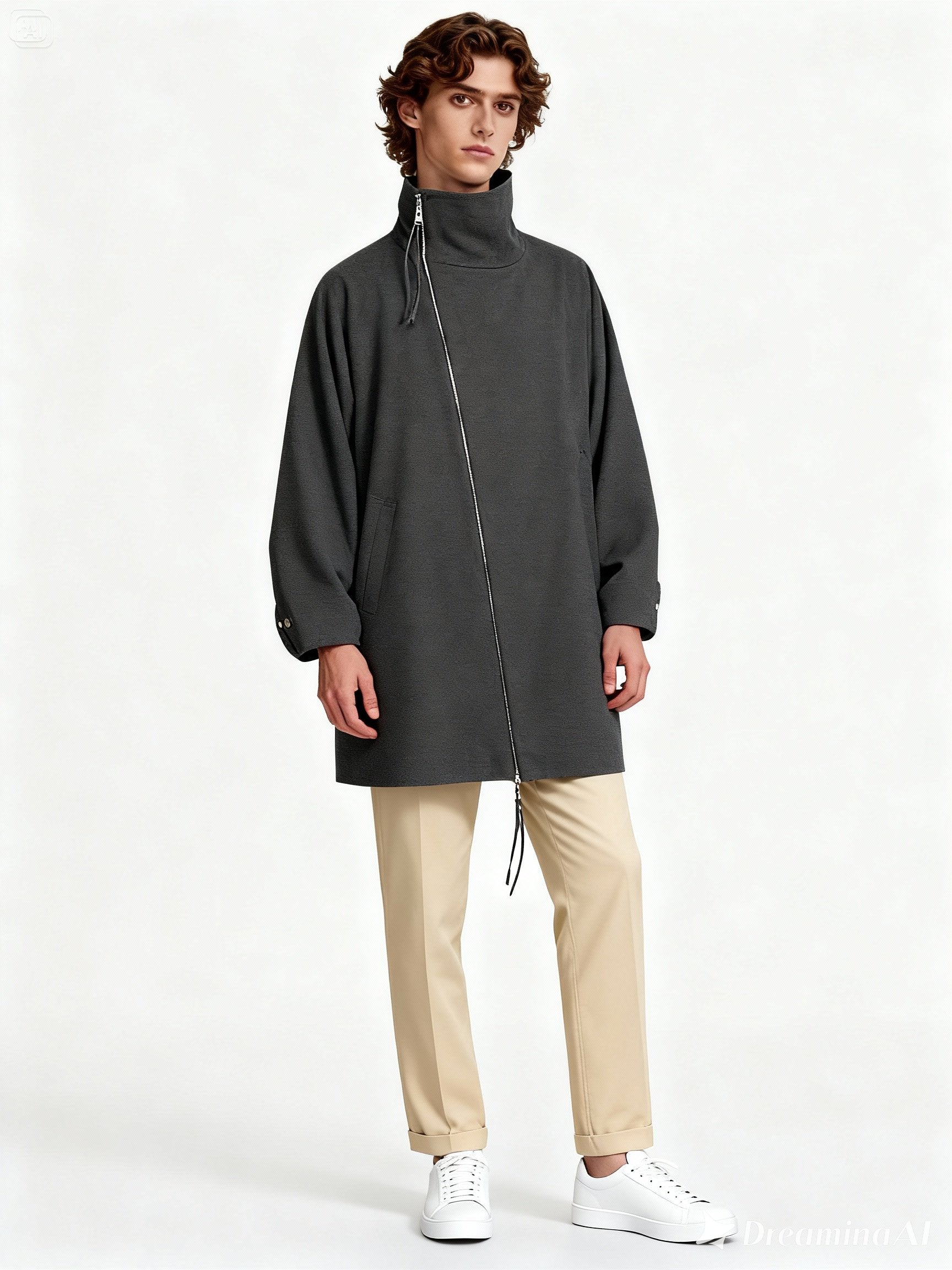 Manteau oversize gris anthracite porté par un homme – look urbain minimaliste