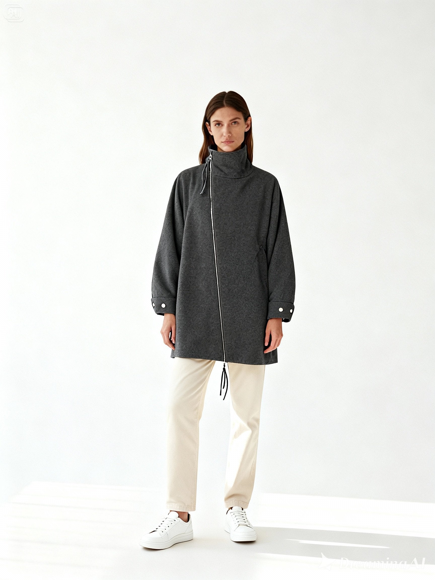 Manteau oversize gris anthracite porté par une femme – style moderne et épuré