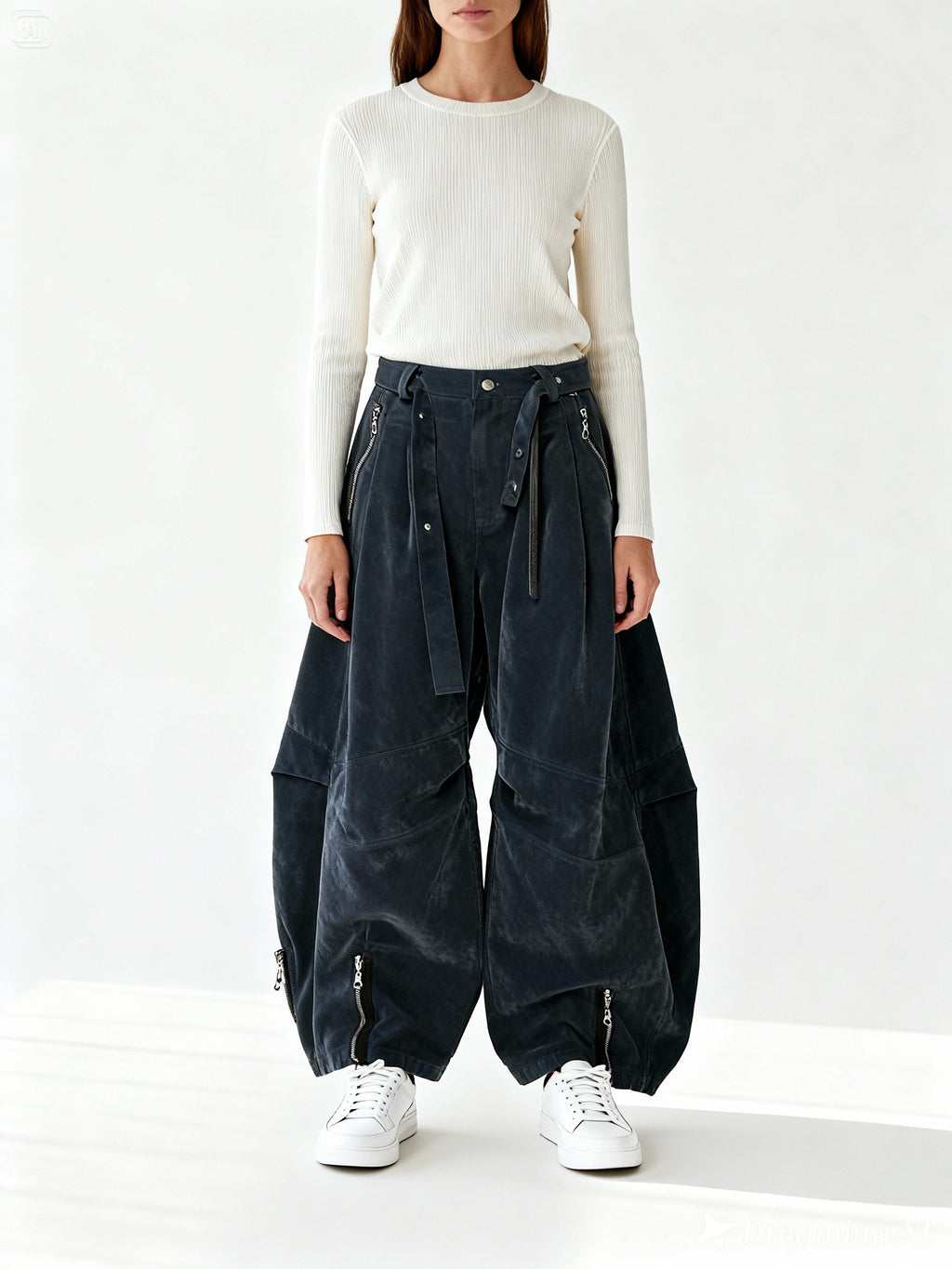 Détail du pantalon RELABEL – volume ample et finitions utilitaires