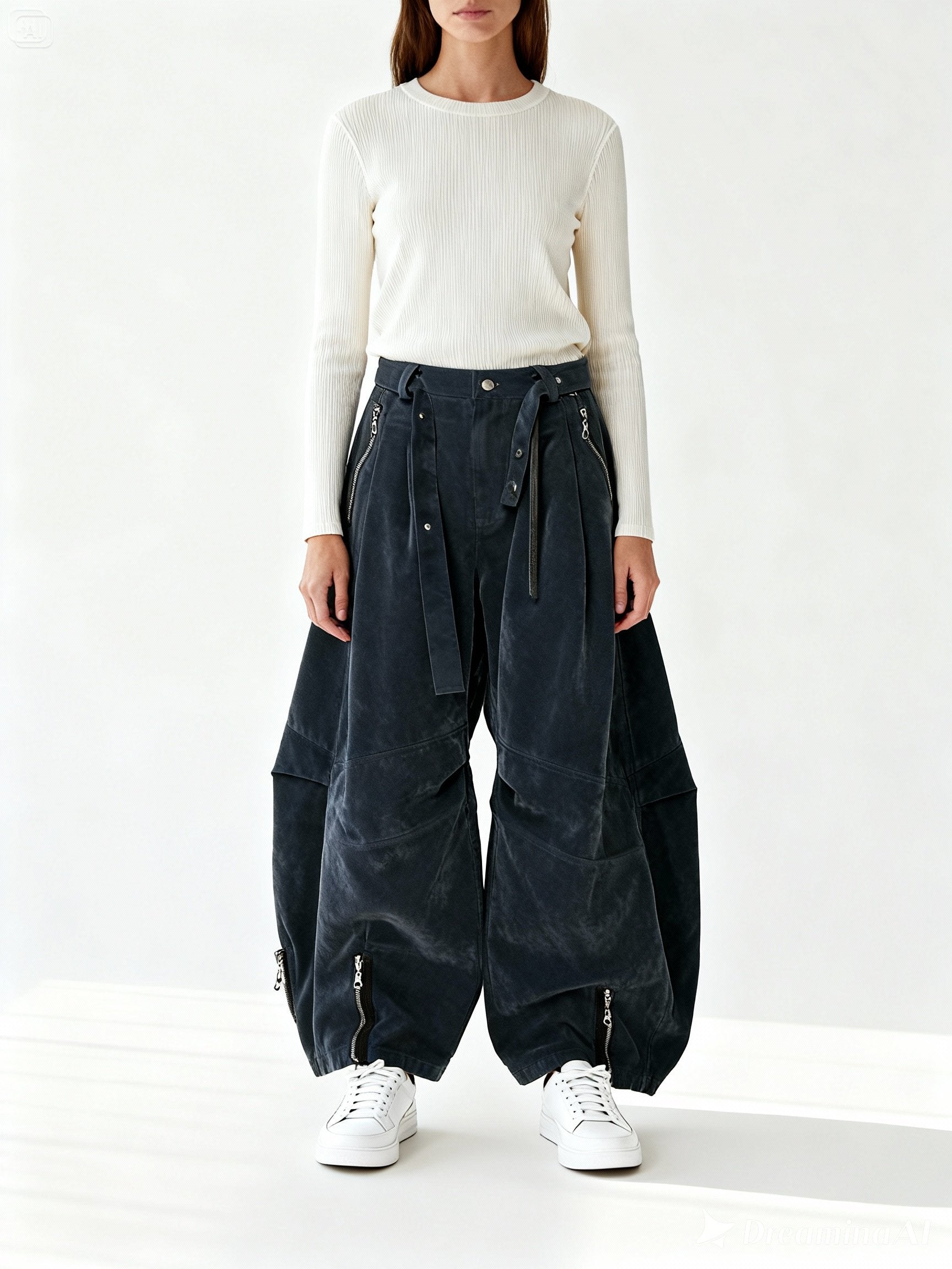 Détail du pantalon RELABEL – volume ample et finitions utilitaires