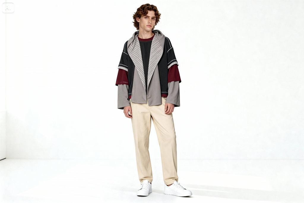 Look complet avec veste patchwork à capuche effet layering sur modèle homme