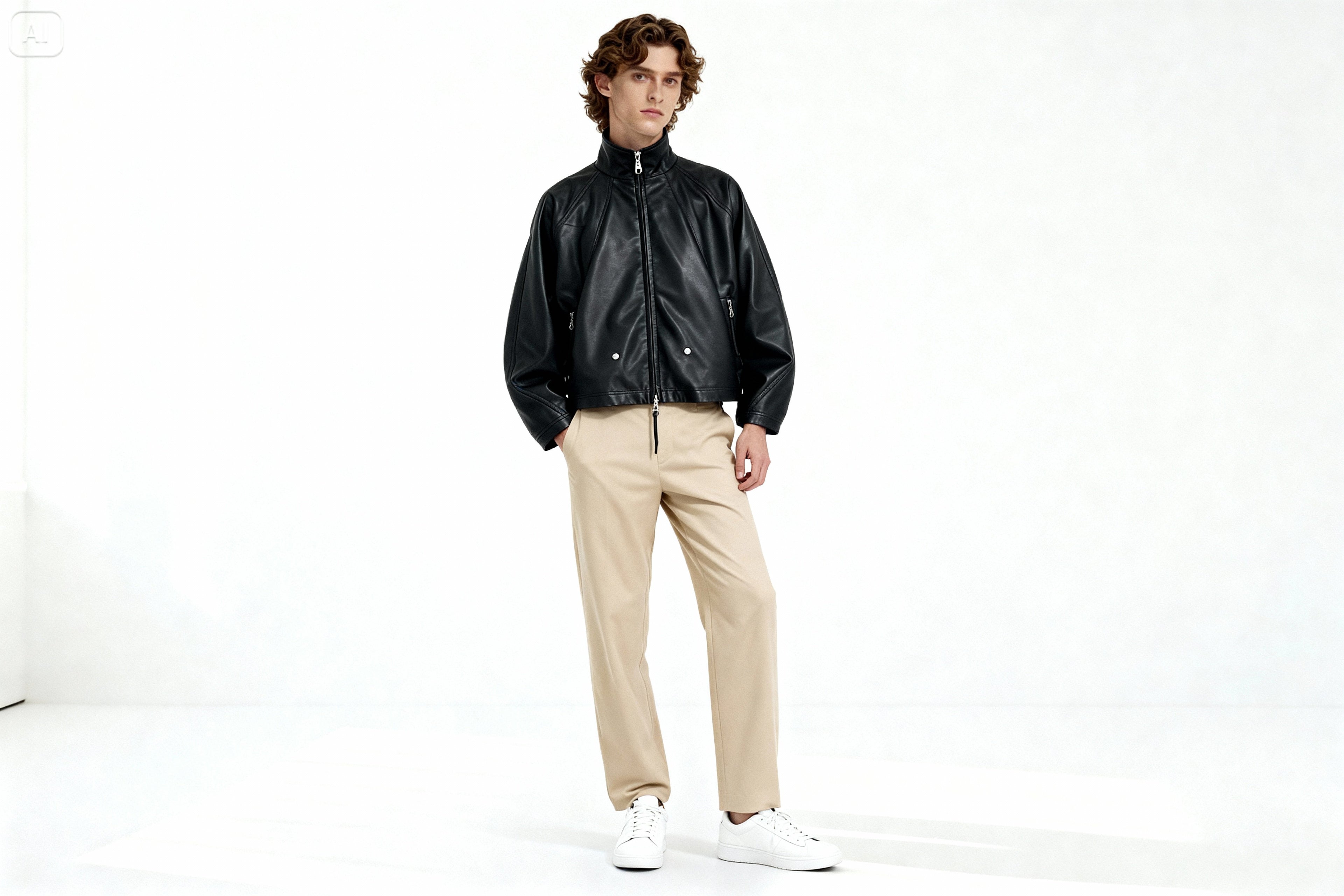 Veste noire déstructurée RELABEL portée par mannequin homme, style contemporain minimal