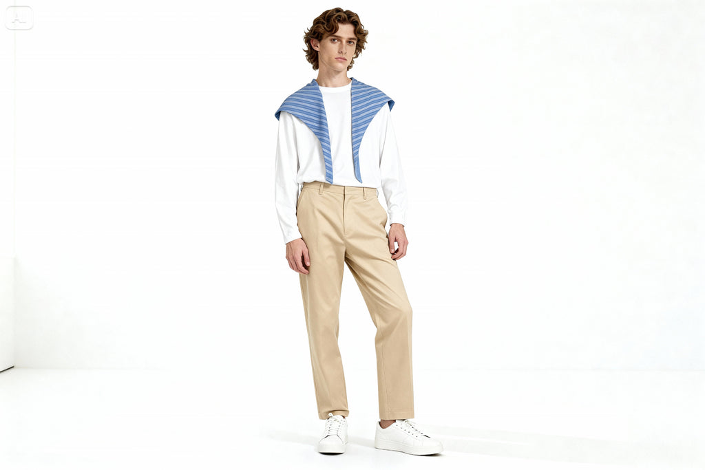 Modèle portant sweat blanc à épaule rayée bleu, look preppy moderne