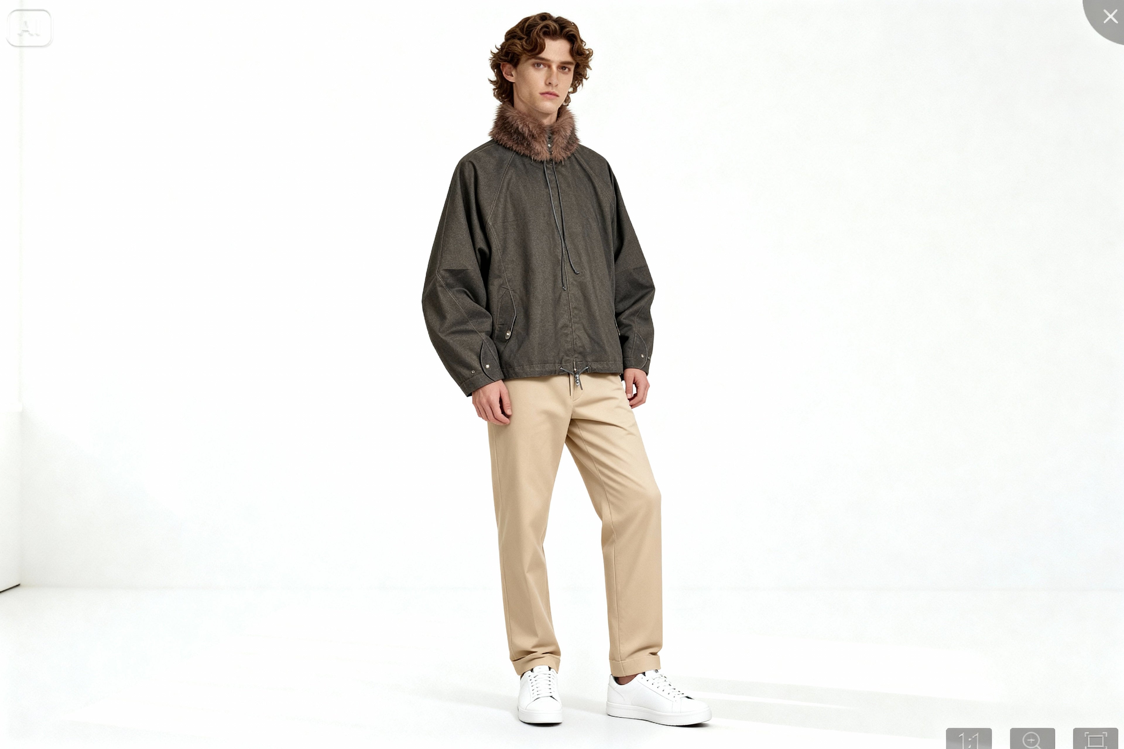 Haut Unisexe Vert Militaire à Col Fourrure Synthétique – Coupe Oversize avec Cordons