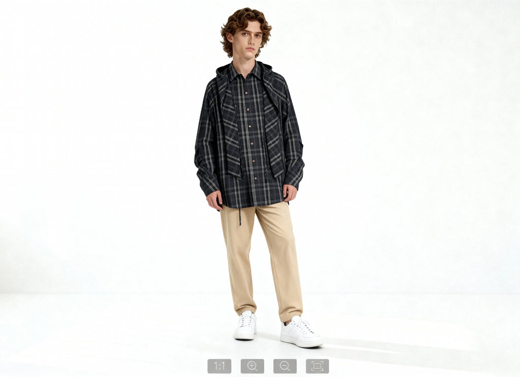 Chemise Oversize à Capuche Unisexe à Carreaux Noir