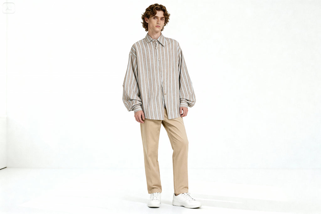 Chemise Oversize Rayée Unisexe à Manches Bouffantes