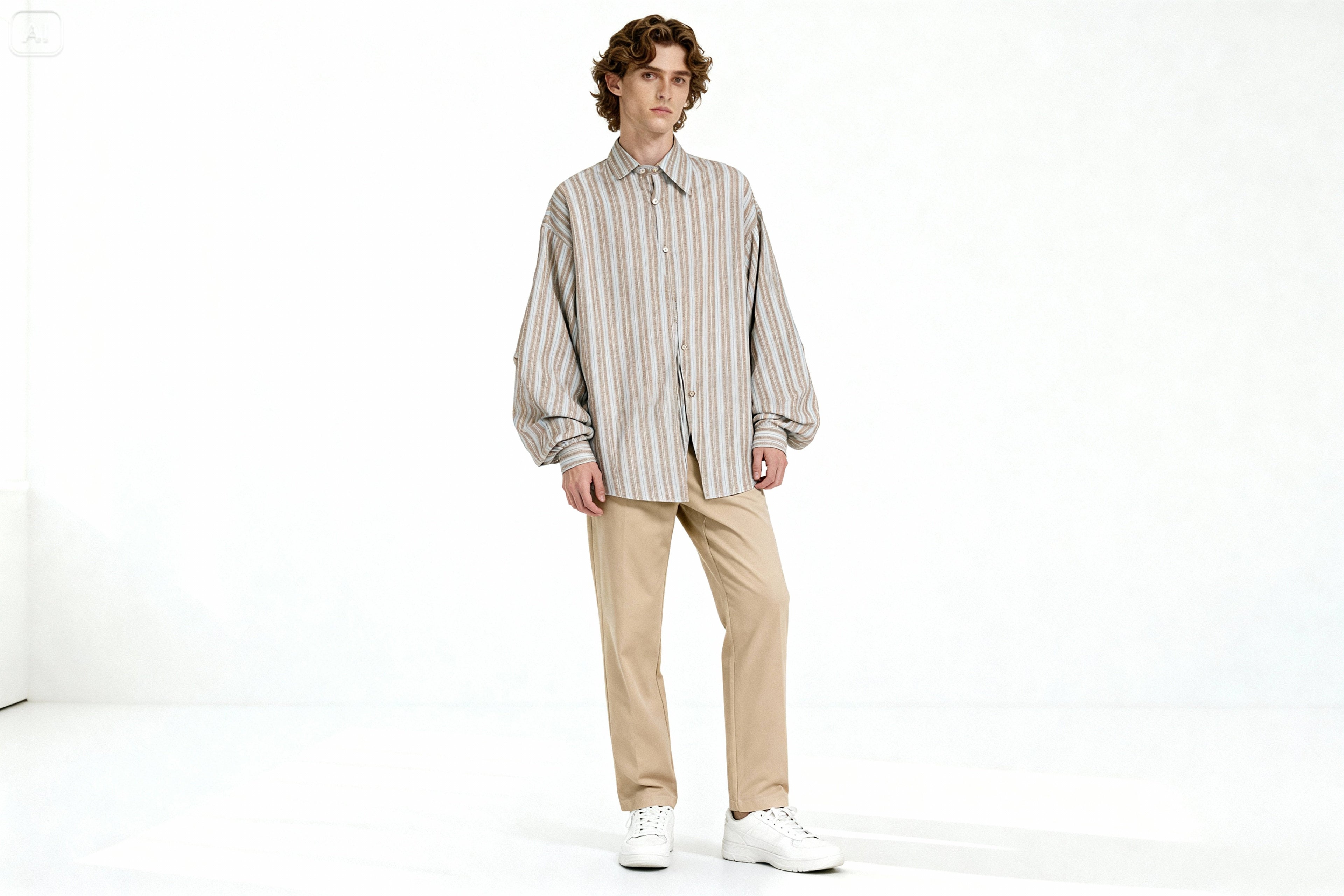 Chemise Oversize Rayée Unisexe à Manches Bouffantes