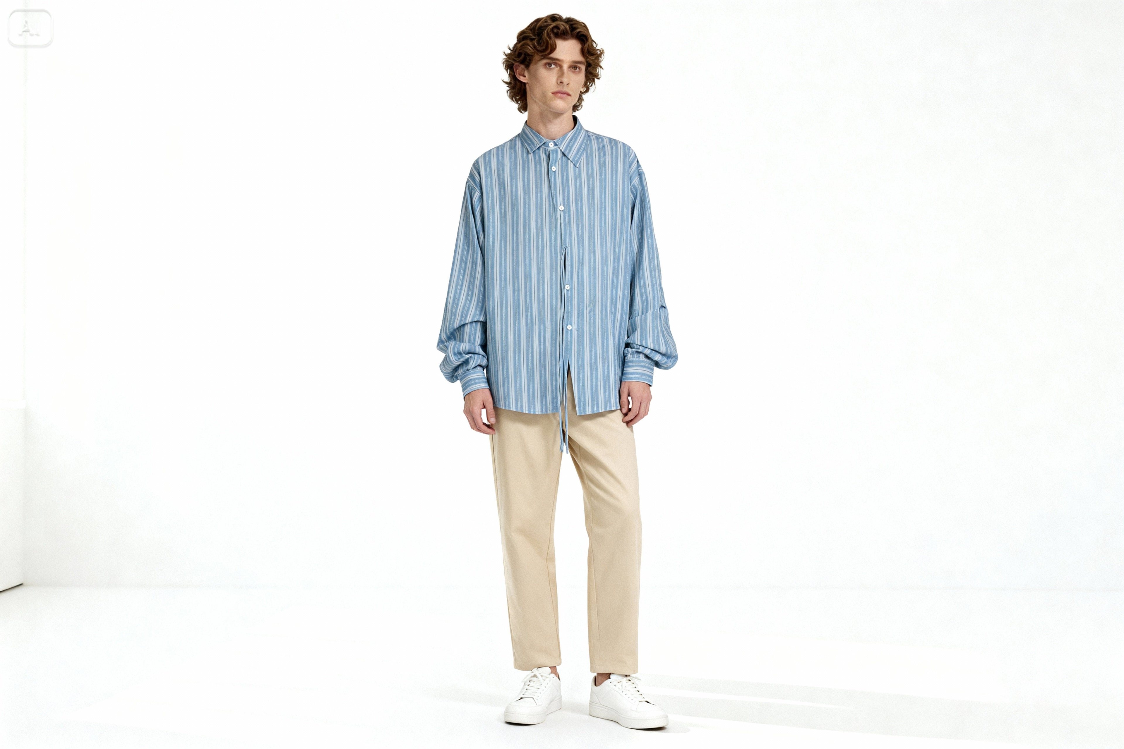 Chemise Oversize Rayée Bleu Unisexe à Manches Bouffantes