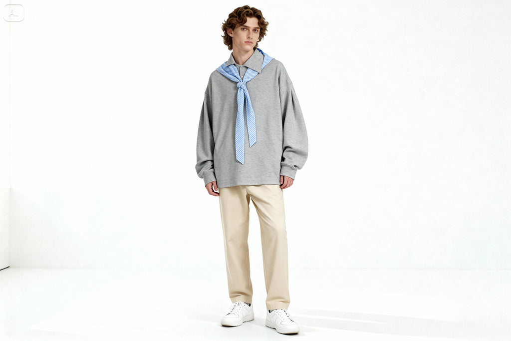 Pull Oversize Gris à Col Foulard Rayé – Effet Faux Layering