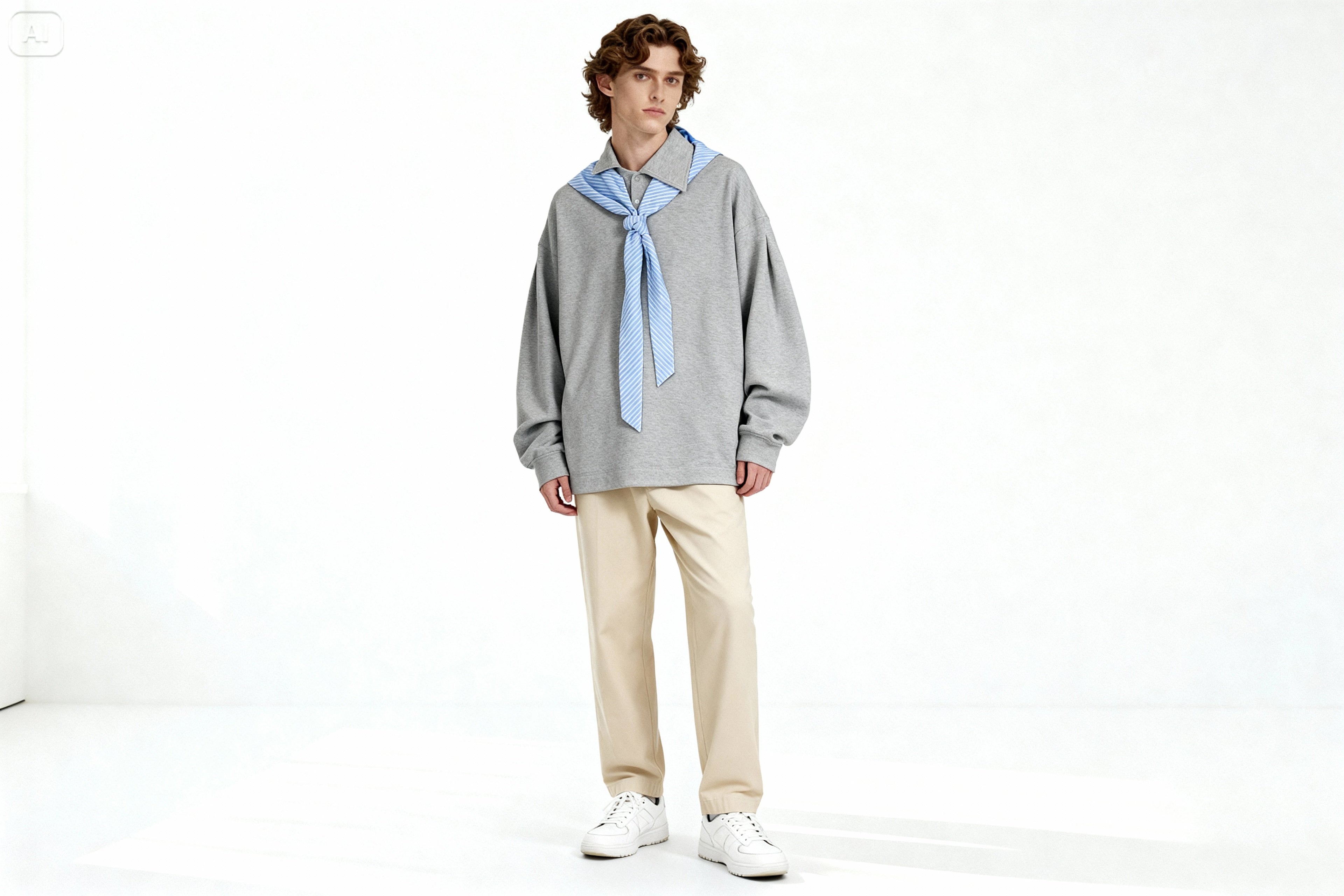 Pull Oversize Gris à Col Foulard Rayé – Effet Faux Layering