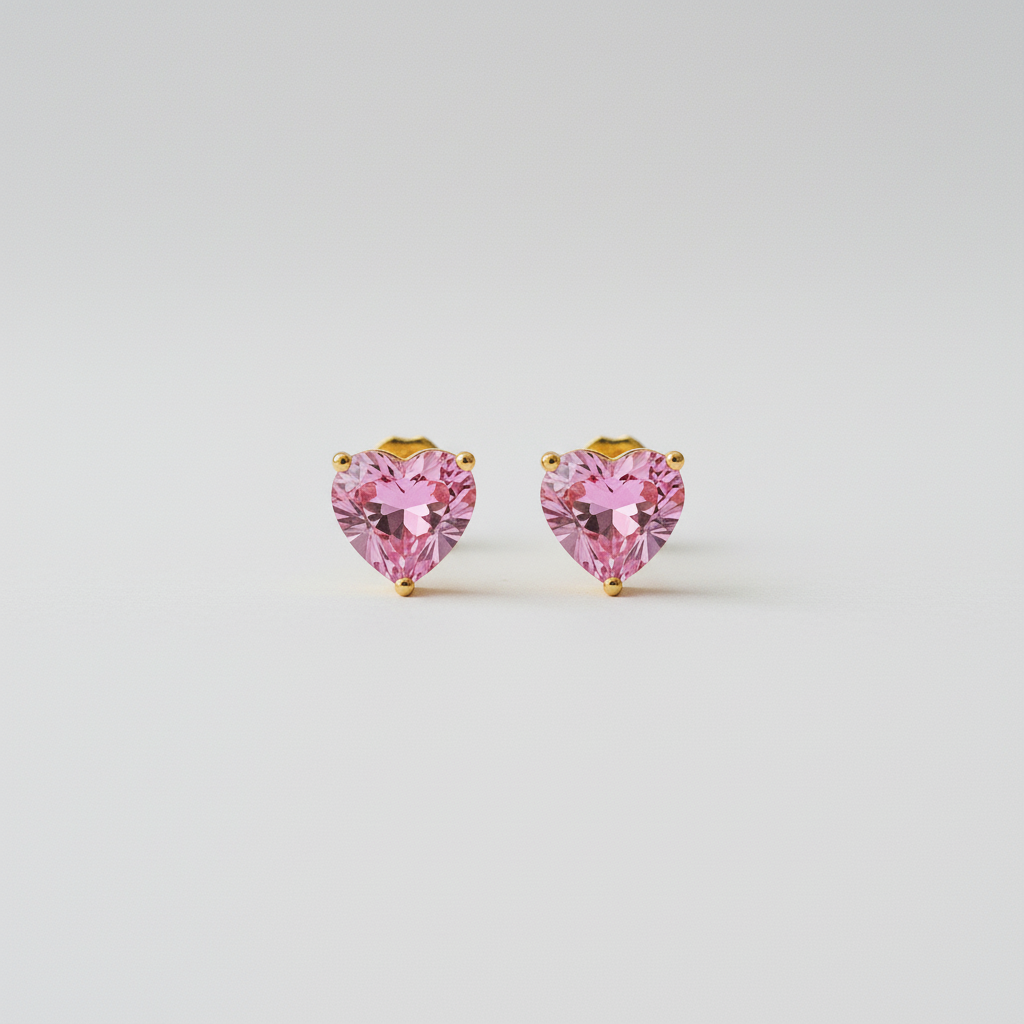 Boucles d'oreilles cœur FLV dorées et roses métal et zircone, vue trois quarts fond gris