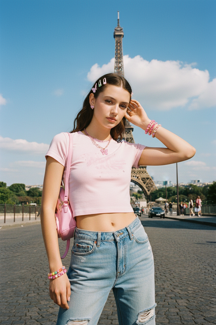 Boucles d'oreilles cœur FLV rose métal, portées par un modèle devant la Tour Eiffel