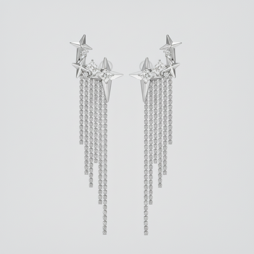 Boucles d'oreilles étoile franges FLV argentées métal et zircone, vue de face fond gris