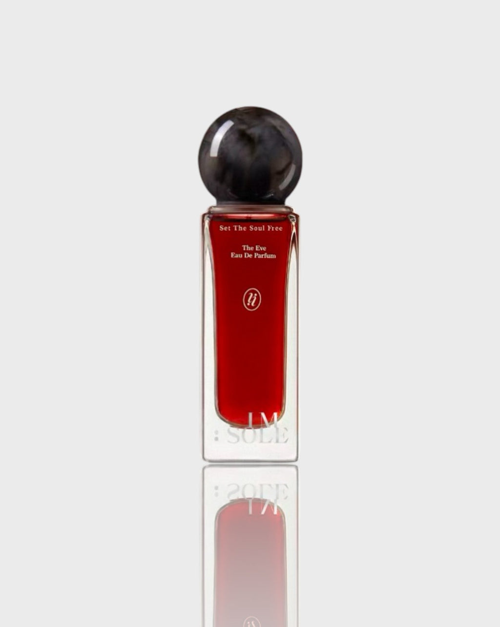 Eau de parfum verre transparent IMSOLE rouge profond en verre, vue de face