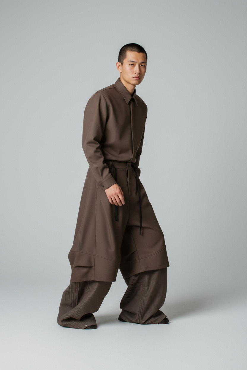 Ensemble chemise longue et pantalon ballon Relabel marron en laine, porté par un homme en studio, vue de trois quarts