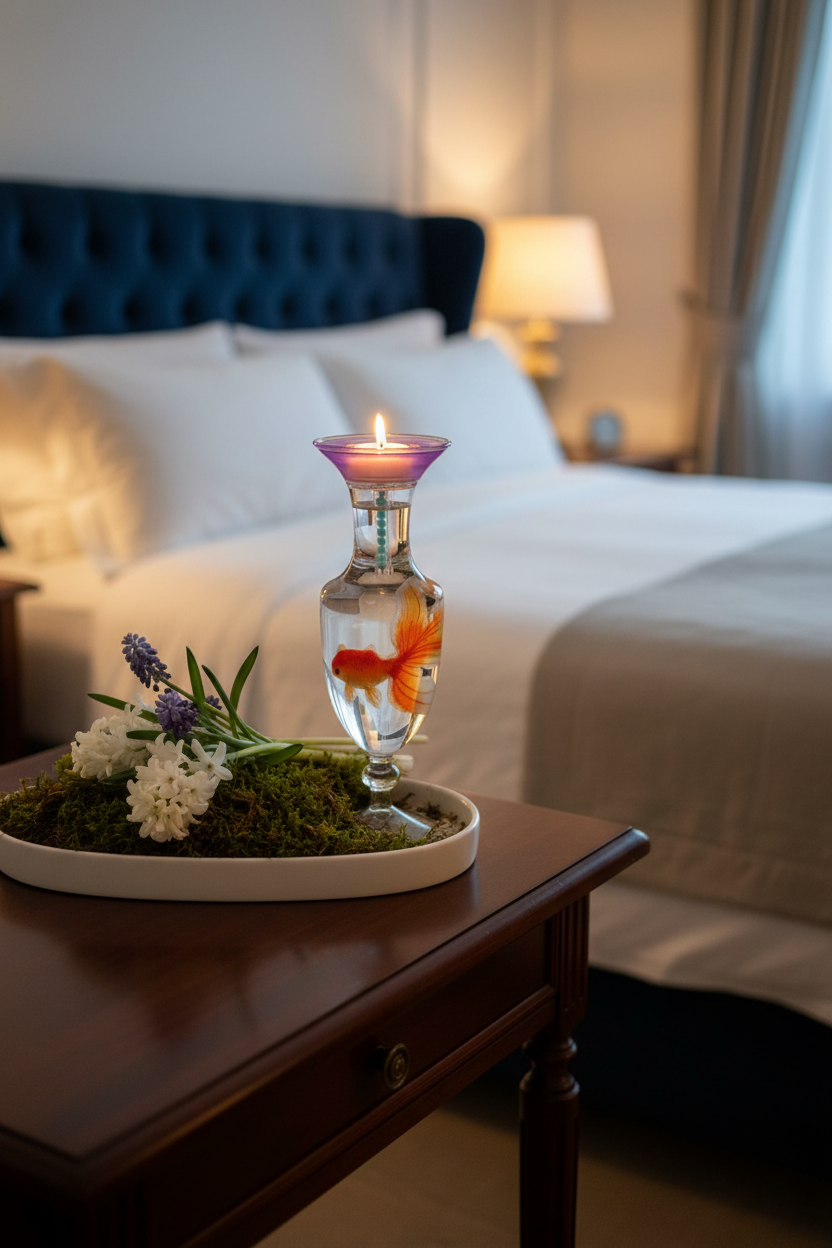 Fusen bougie vase en cristal avec poisson rouge flottant dans l'eau, mèche allumée flamme violette, plateau mousse et fleurs jacinthes blanches et bleues, ambiance chambre cosy
