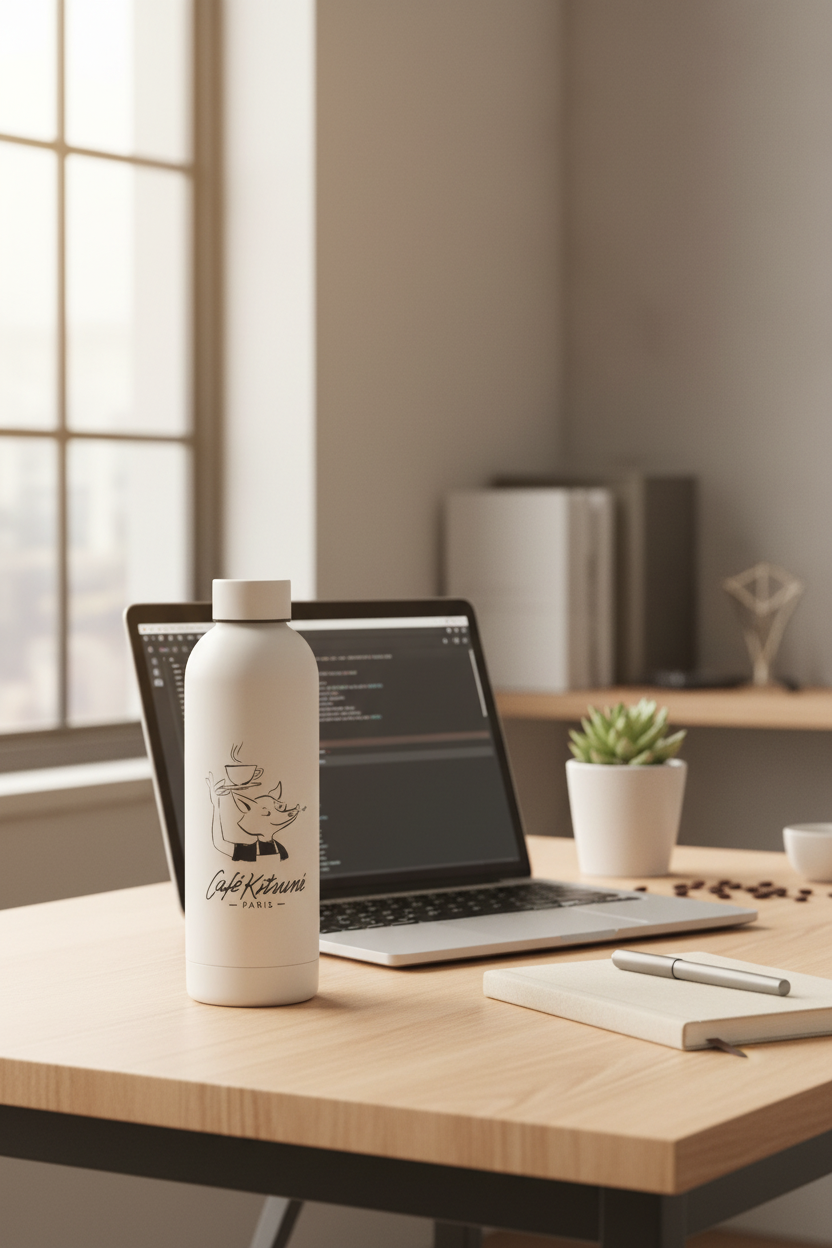 Gourde isotherme motif renard logo Café Kitsuné Paris blanc et noir en acier inoxydable, posée sur un bureau en bois clair devant laptop ouvert avec carnet stylo et plante succulente en pot blanc, lumière naturelle