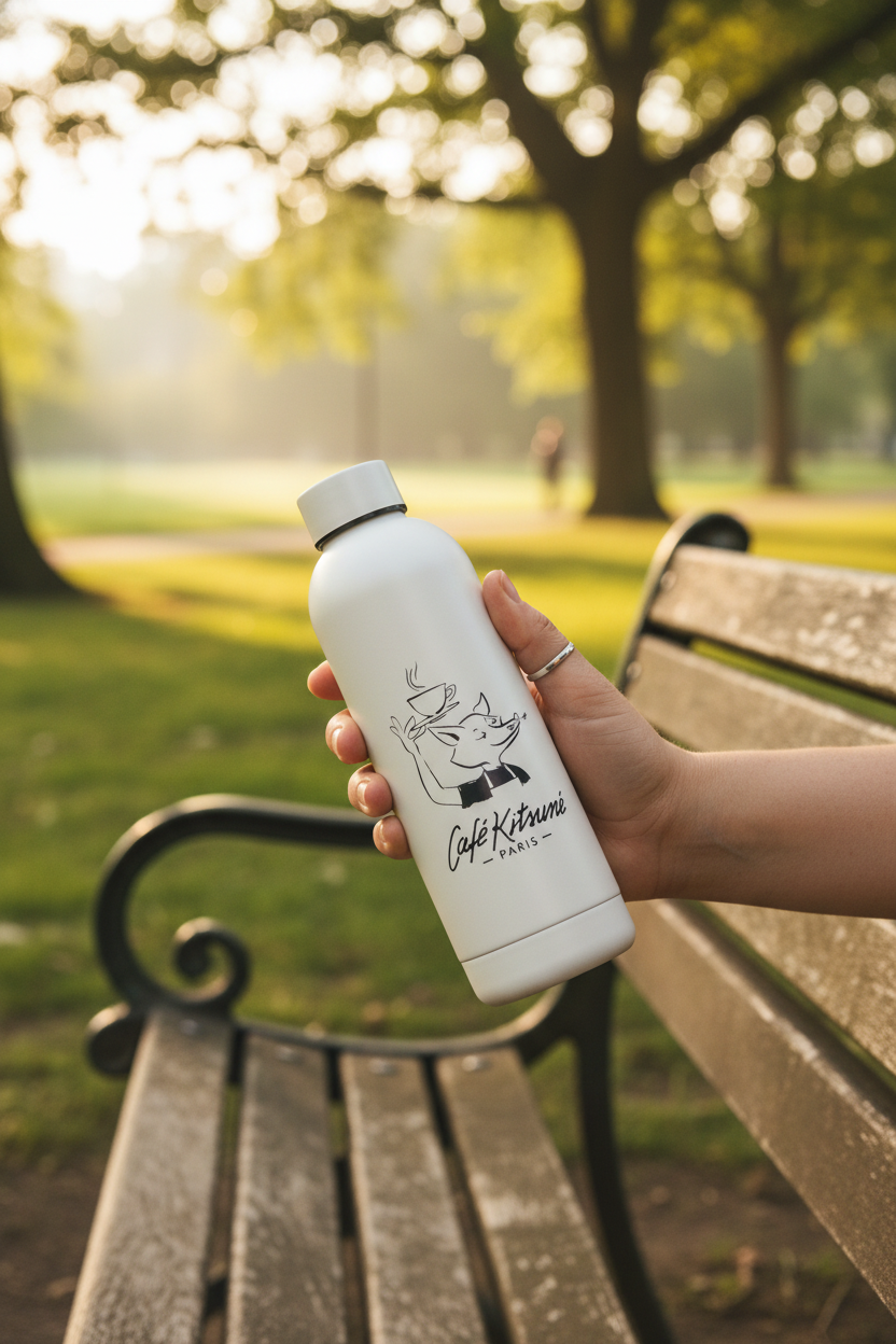 Gourde isotherme motif renard logo Café Kitsuné Paris blanc et noir en acier inoxydable, tenue par une main de femme avec bague argentée, assise sur un banc en fer forgé dans un parc verdoyant, lumière dorée matinale