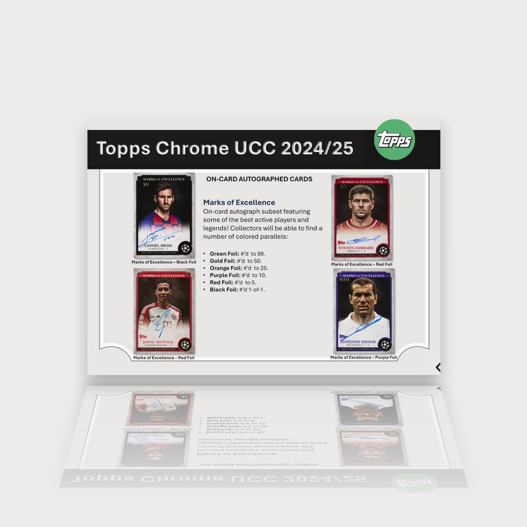 Hobby Box Topps Chrome UEFA Club Competitions 2024/25, boîte de cartes de football avec autographes on-card Marks of Excellence, vue de face sur fond gris
