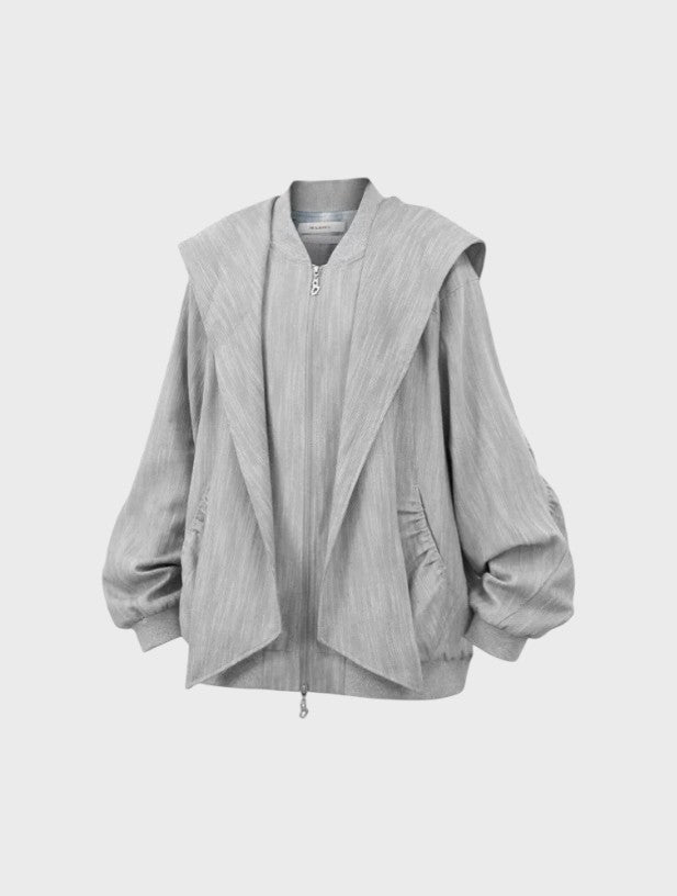 Hoodie zip capuche oversize RELABEL gris chiné, vue de face avec fermeture éclair argentée et col bomber ouvert
