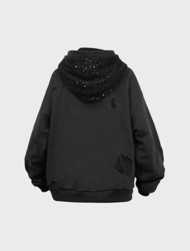 Hoodie zip oversize RELABEL noir avec incrustations strass noirs sur capuche et bas du dos, bord-côte rayé gris, vue de dos
