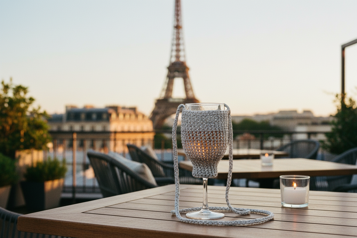 Housse de verre à vin crochetée Hina Hoku en coton métallique argenté, posée sur une terrasse parisienne avec la Tour Eiffel en arrière-plan au coucher du soleil, vue de face