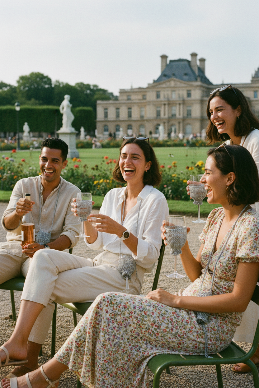 Housse de verre à vin tricotée Hina Hoku en coton gris, utilisée par un groupe d'amis au Jardin du Luxembourg à Paris, vue d'ensemble