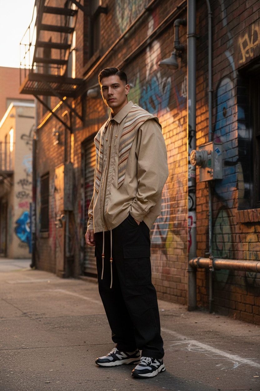 Veste à capuche oversize Relabel beige et noire nylon avec cordons, portée par un modèle homme dans une ruelle urbaine