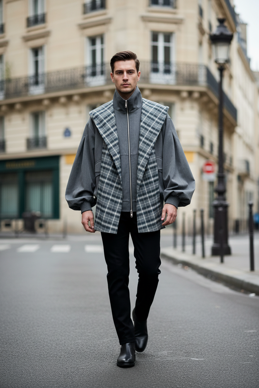 Veste oversize à carreaux Relabel grise et noire laine mélangée, portée par un modèle homme dans la rue à Paris