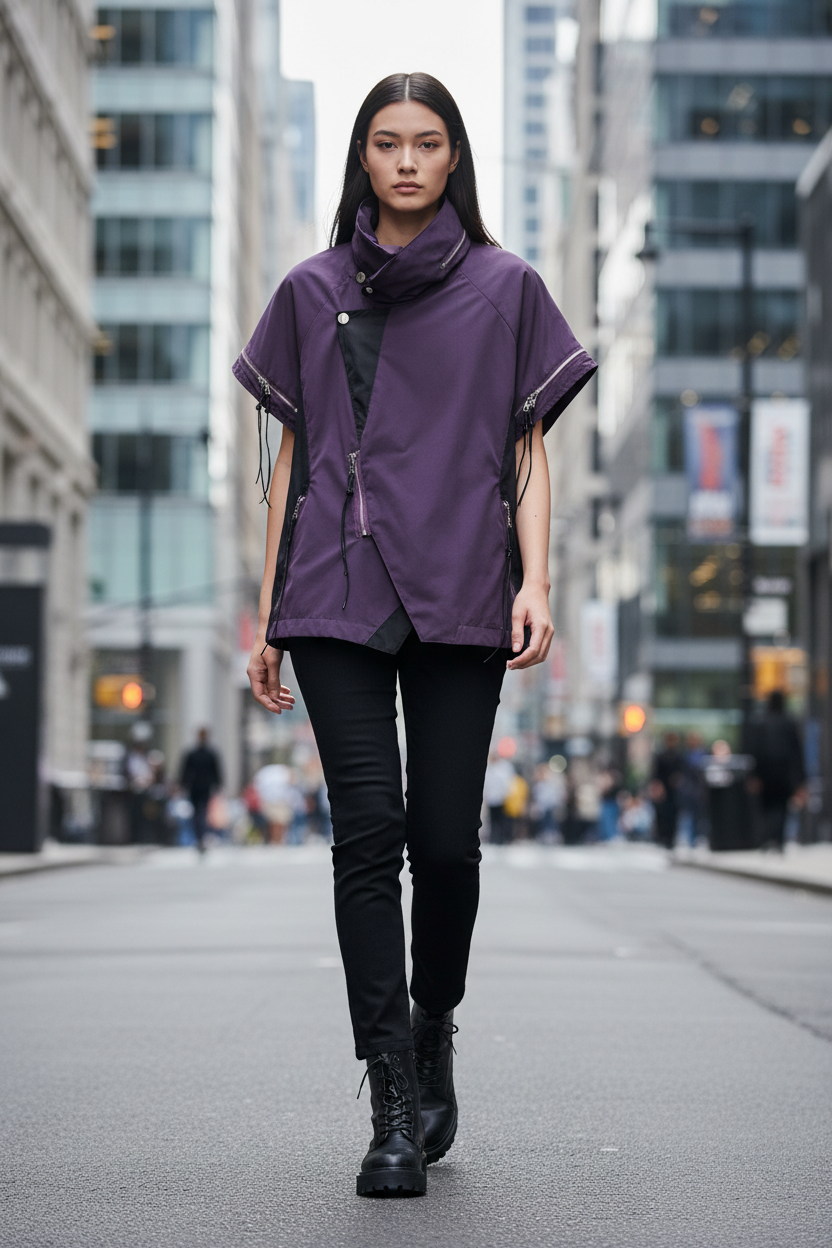Veste utilitaire oversize Relabel violette et noire nylon manches courtes, portée par un modèle femme dans la rue en ville