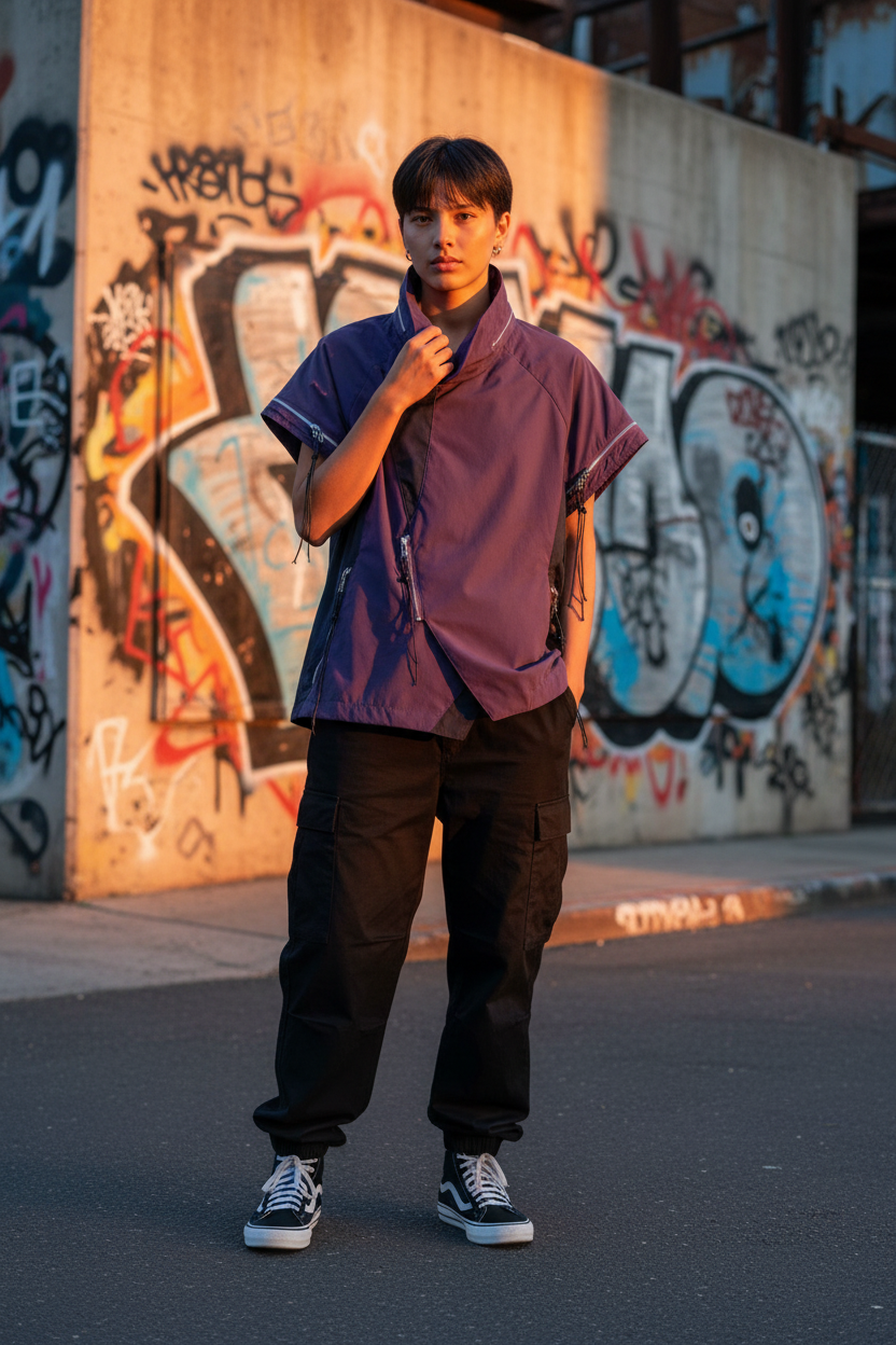 Veste utilitaire oversize Relabel violette et noire nylon manches courtes, portée par un modèle devant un mur de graffitis