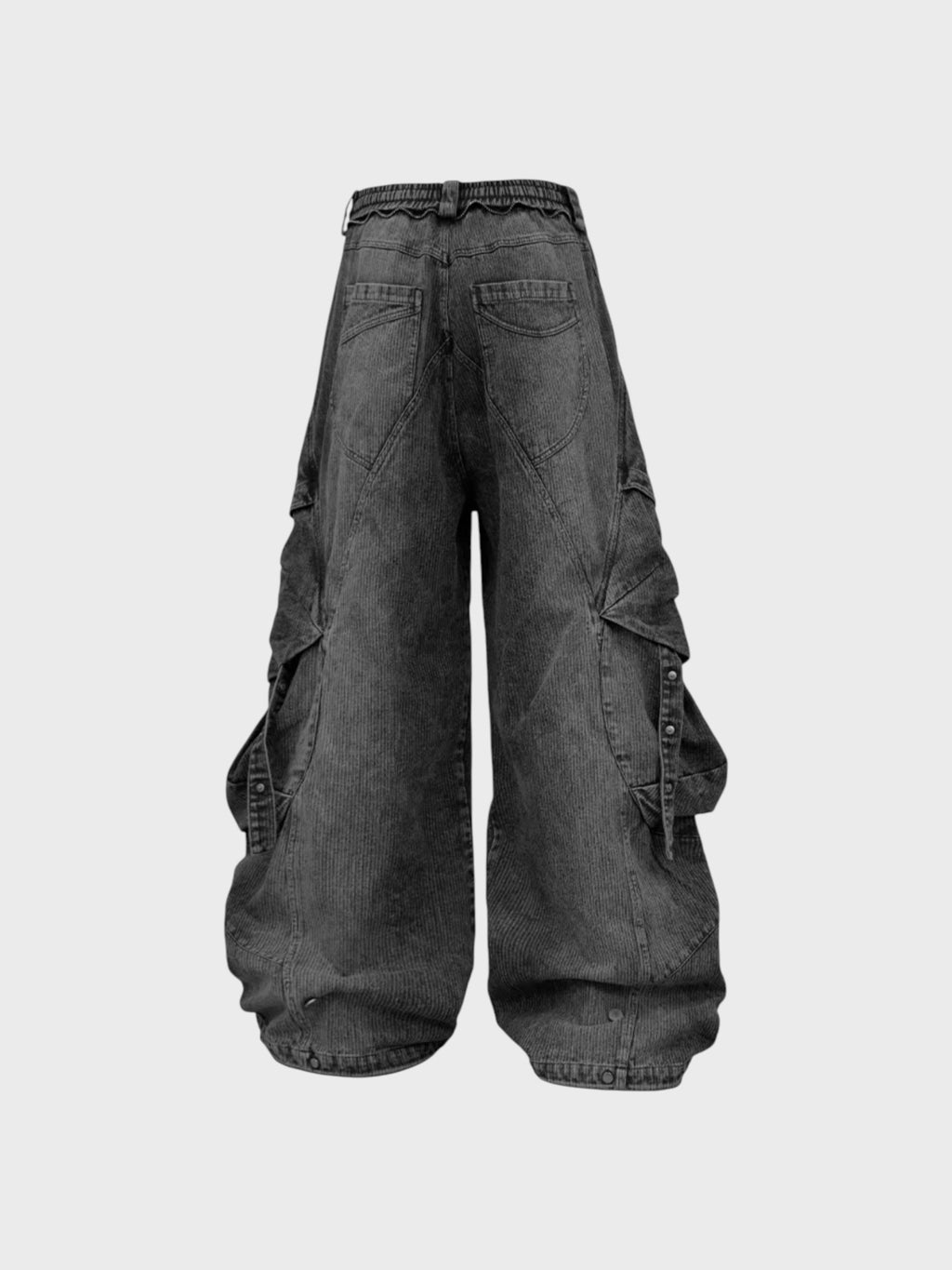 Jean cargo large RELABEL gris anthracite rayures washed avec poches dos et taille élastiquée, vue de dos
