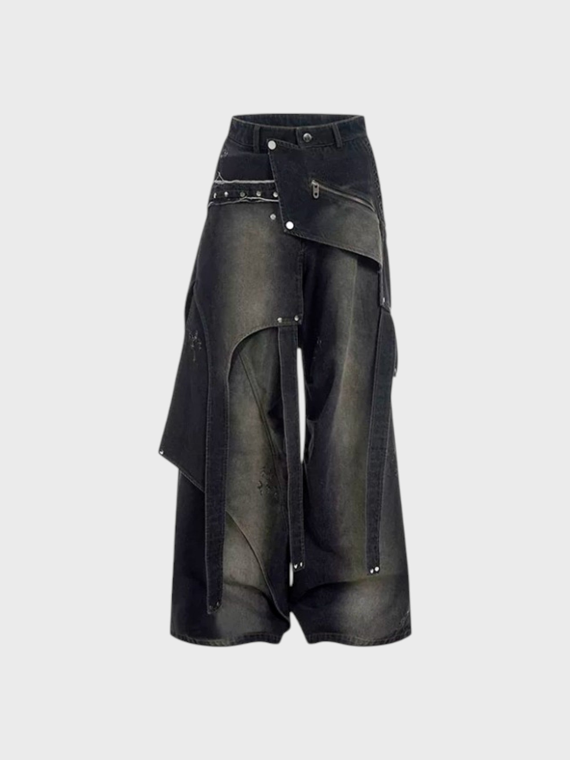 Jean oversize STARTEXCEEDEND double couche denim noir avec jupe-tablier washed oxydé kaki superposée, rivets argentés et fermeture éclair latérale, vue de face
