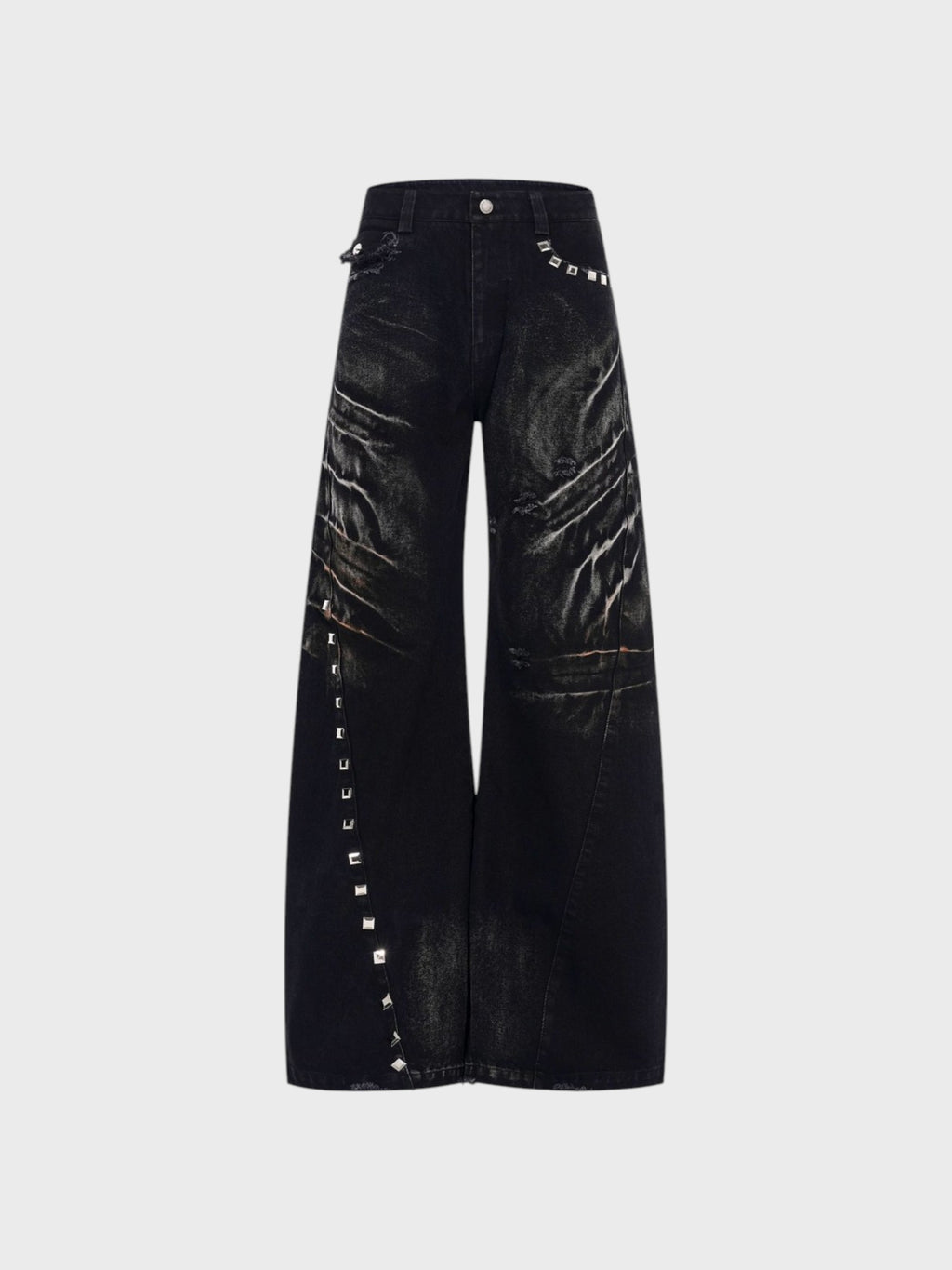 Jean large STARTEXCEEDEND noir washed cat's whiskers avec rivets carrés argentés couture latérale et ceinture, vue de face
